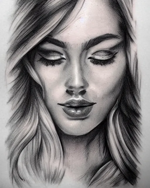 Image similar to tattoo design sketch of a beautiful woman face blended with a background of beautiful mountains, hyper - realistic, in the style of den yakovlev, amazing detail, black and white