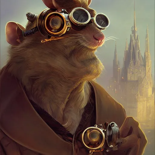 Image similar to anthropomorphic rat with goggles on his forehead, D&D, fantasy, intricate, elegant, highly detailed, digital painting, artstation, concept art, smooth, sharp focus, illustration, art by artgerm and greg rutkowski and alphonse mucha