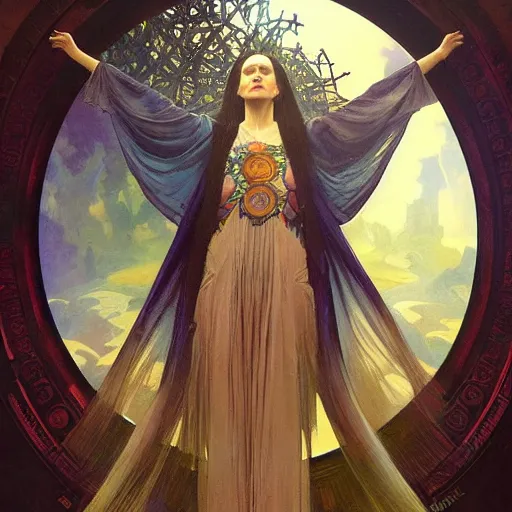 Prompt: an acrylic on canvas portrait of Alec Guinness Shaman Lightworker Alchemist Druid, Mystery, Love, wholeness, rooted lineage, web of life, open eye freedom by Greg Rutkowski, Artgerm and Alphonse Mucha. Epic fantasy art.