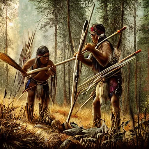 native americans hunting in the forest, realistic