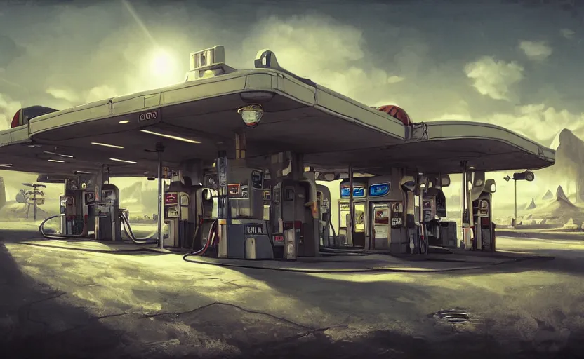 Image similar to gas station in space, 4 k, polished, photorealistic, steampunk, hard edges, zoomed in, very coherent, sharp focus, rim light, exquisite lighting, hard edges, sci - fi, print, cinematic, game art, concept art, octane