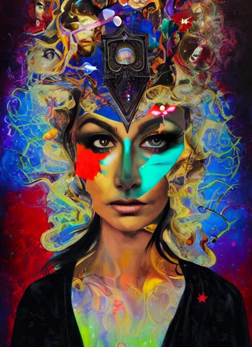 Image similar to collage of gorgeous magic cult psychic woman smiling, third eye, energetic consciousness psychedelic, epic surrealism expressionism symbolism, story telling, iconic, dark robed, oil painting, symmetrical face, dark myth mythos, by Sandra Chevrier masterpiece cutout layering