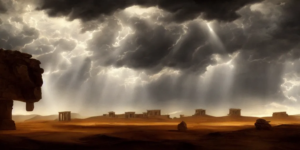 Image similar to a wide desertic matte painting landscape with ancient temple buried in the sun. big sand dunes. dramatic sky with storm clouds and sunrays by goya. eerie lighting. photorealistic. artstation. hd.