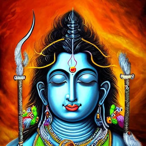 Prompt: an extremely detailed painting of lord shiva, holding his trident, moon in his crown, snowy himalayas in background, fantasy art, beautiful, widescreen, digital art, vibrant.