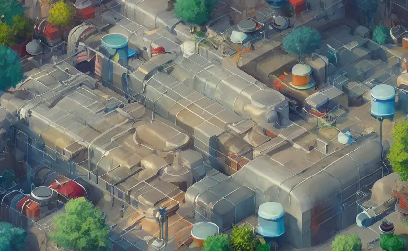 Image similar to art by filip hodas, pixar, and artgerm. level design many pipes from which clean water flows. water storage tank. many people and shops with goods. clean, neat, indoor, advertising, entertainments, inside, interior.