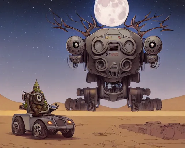 Image similar to a cell shaded cartoon grey lovecraftian mechanized santa + deer robot, with a big head, on a desert road, wide shot, in front of a big moon, muted colors, post grunge, josan gonzales, wlop, by james jean, victor ngai, hq, deviantart, art by artgem