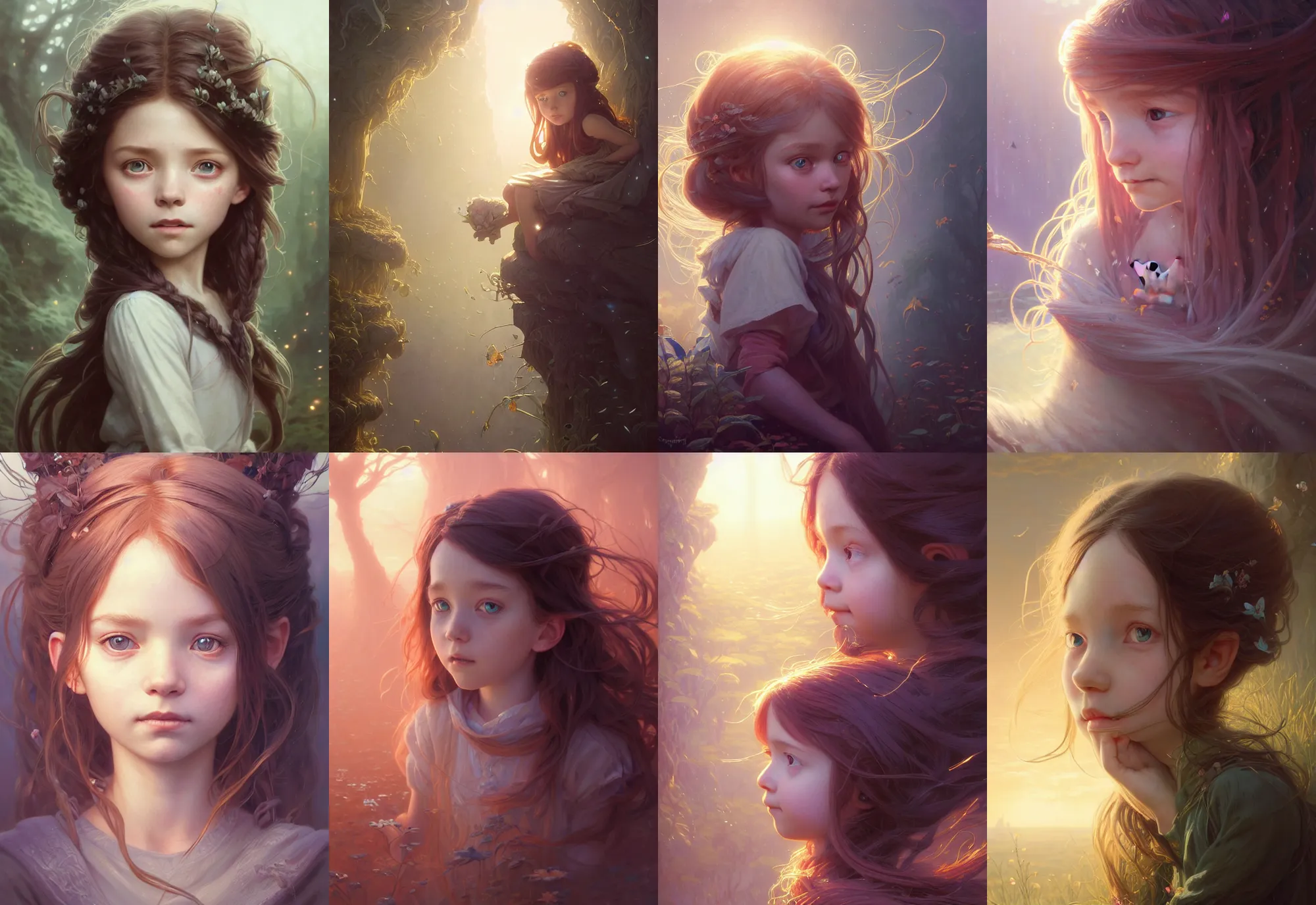 Image similar to highly detailed portrait of a curious little girl with long hairs, stephen bliss, unreal engine, fantasy art by greg rutkowski, loish, rhads, ferdinand knab, makoto shinkai and lois van baarle, ilya kuvshinov, rossdraws, tom bagshaw, alphonse mucha, global illumination, radiant light, detailed and intricate environment