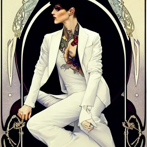 Image similar to beautiful portrait of androgynous ruby rose as desire from sandman in a white tuxedo!!!, rockabilly style, by alphonse mucha, cedric peyravernay, by jeremy mann, by frank moth, white suit and black tie, soft lightning, high detailed, 8 k