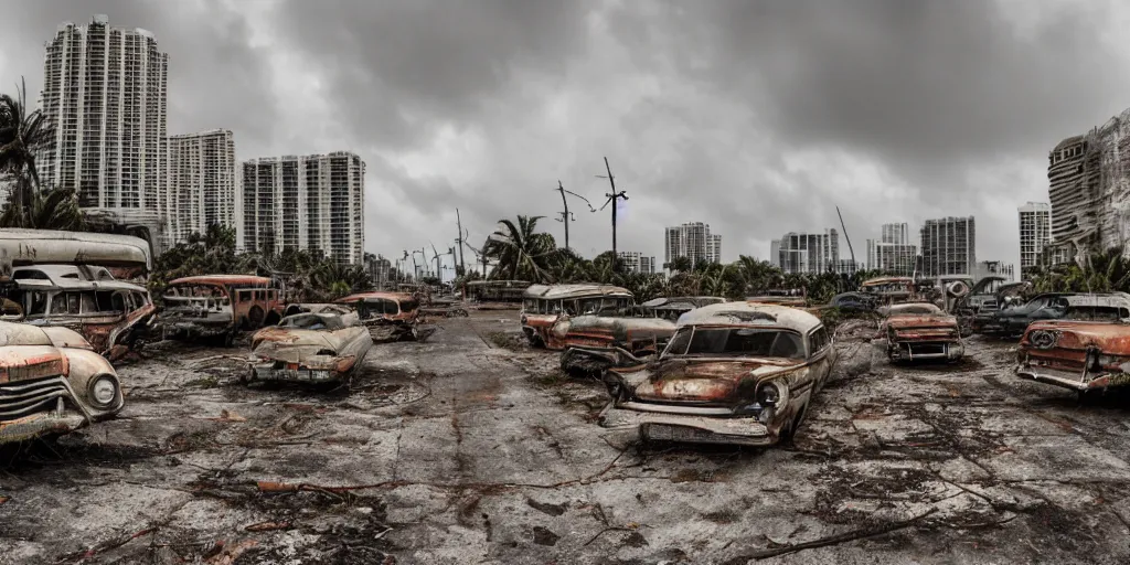 Image similar to wide angle shot of dilapidated fallout 5 miami, tropical coastal city, desolate, dilapidated, some rusted retro futuristic vintage parked vehicles like cars, buses, trucks, trams, slight overcast weather, fog, volumetric lighting, photorealistic, daytime, autumn, sharp focus, ultra detailed,