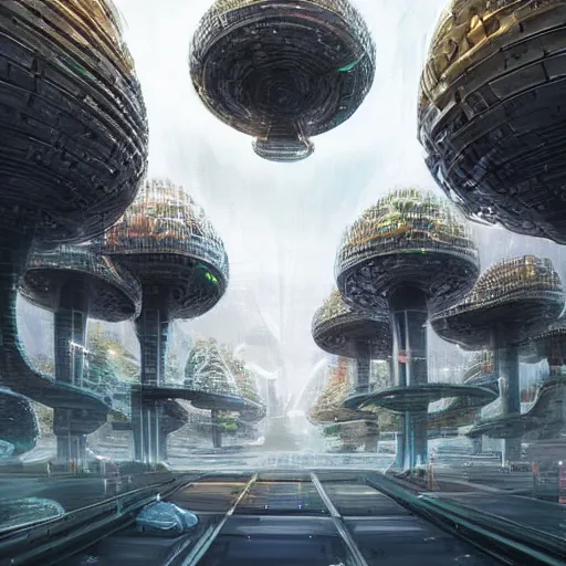 Prompt: scifi mushroom city, modern architecture, concept art