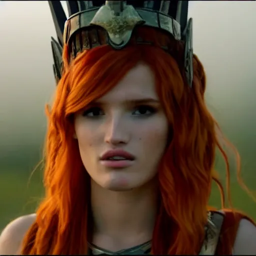 Prompt: bella thorne as the goddess of war in a battlefield, ground mist, cinematic