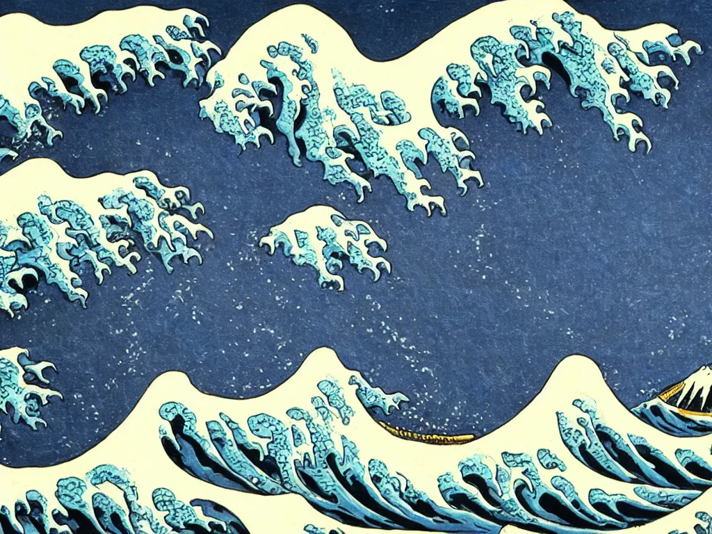 Prompt: an oil painting of the great wave off kanagawa with giant tentacles reaching out of the water, cosmic horror