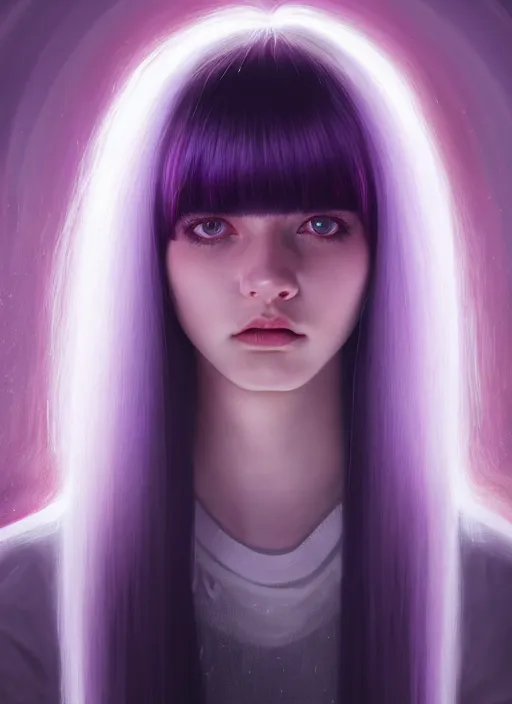 Image similar to hair whitebangs hair, black hair, whitebangs, portrait of teenage girl with white bangs, red irises, purple clothes, white bangs, bangs are different color from hair, intricate, elegant, glowing lights, highly detailed, digital painting, artstation, concept art, smooth, sharp focus, illustration, art by wlop, mars ravelo and greg rutkowski