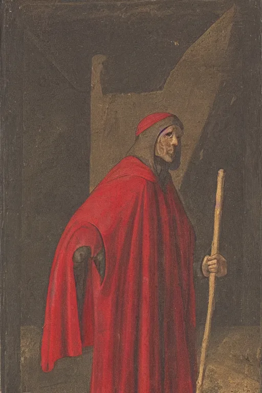 Prompt: medieval man wearing a red sack over his head, bloody, looking at the camera