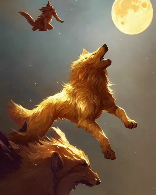 Image similar to '' Illustration of giant gold wolf chasing the moon through the sky, league of legends, LOL, fantasy, d&d, digital painting, artstation, concept art, sharp focus, illustration, art by greg rutkowski and alphonse mucha ''