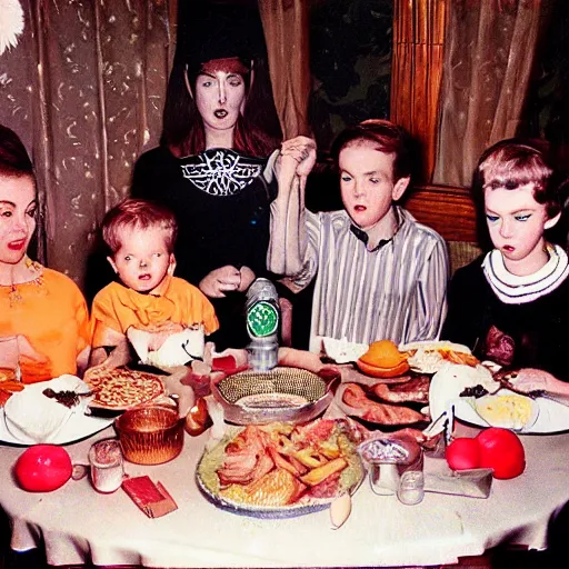 Image similar to occult satanic food ritual, family photo, 1 9 6 0 s, kodachrome