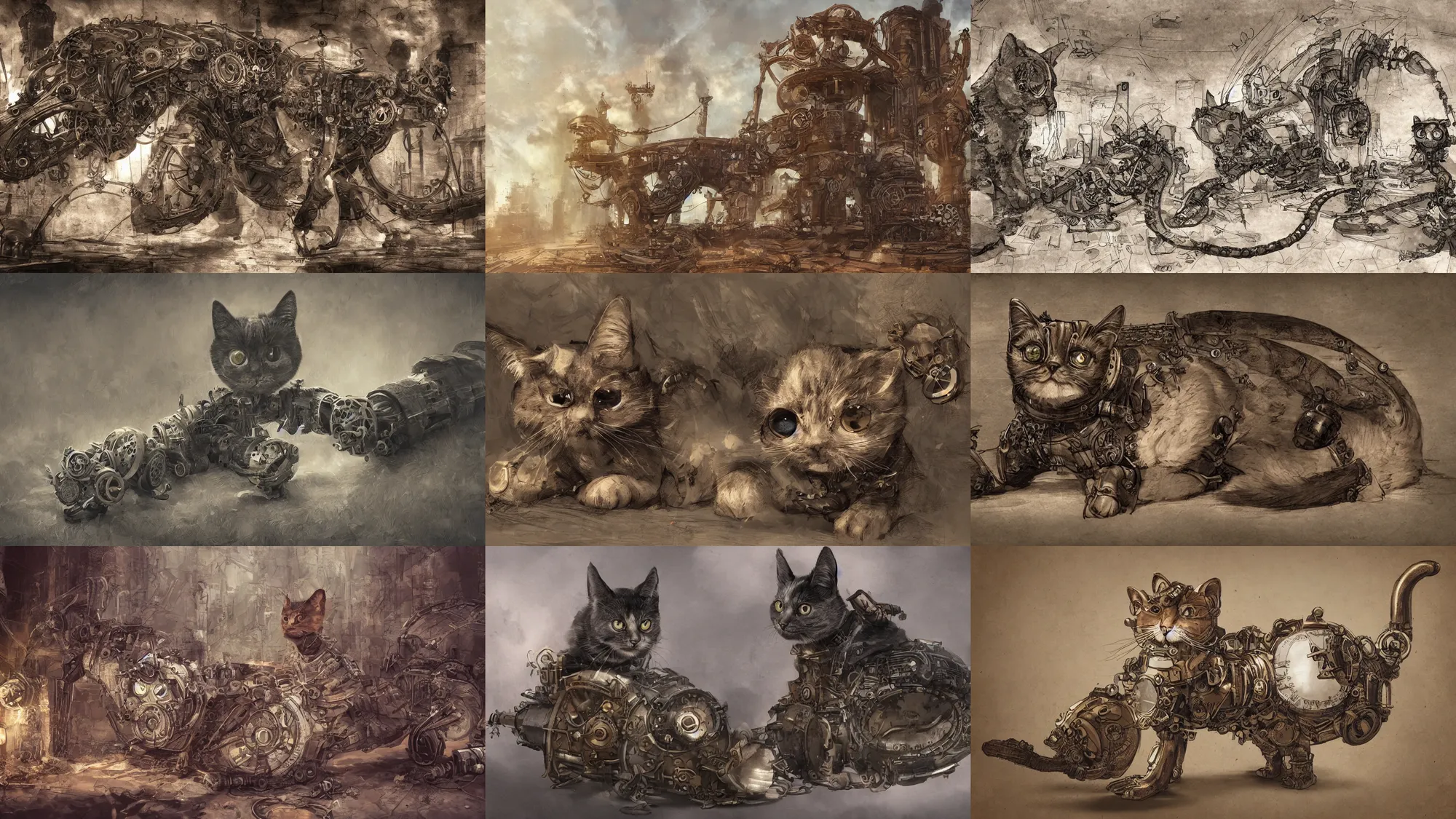 Prompt: wide angle view, steampunk cat, concept art, digital art, photorealistic, 8 k