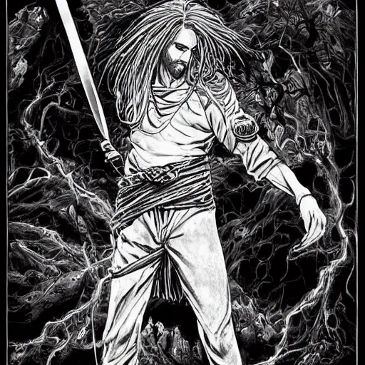 Prompt: pen and ink!!!! attractive 22 year old cyborg!!! Frank Zappa x Jared Leto golden Vagabond!!!! magic swordsman glides through a beautiful battlefield magic the gathering dramatic esoteric!!!!!! pen and ink!!!!! illustrated in high detail!!!!!!!! by Hiroya Oku!!!!!!!!! Written by Wes Anderson graphic novel published on shonen jump MTG!!! 2049 award winning!!!!