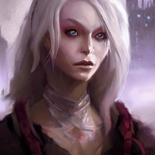 Prompt: closeup portrait of drow, dungeons and dragons character, dramatic lighting, castle background, gorgeous view, realistic, high detail, digital art, painted by greg rutkowski, painted by jeremy mann, trending on artstation
