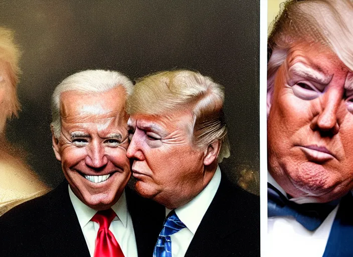 Prompt: joe biden and donald trump kissing, love, matte painting, in the style of rembrandt