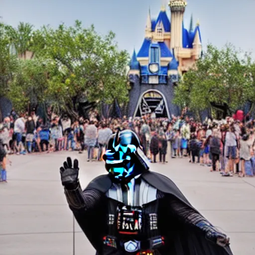 Image similar to darth vader trips and falls down in front of a crowd in star wars land at disneyland, real life, high quality photo