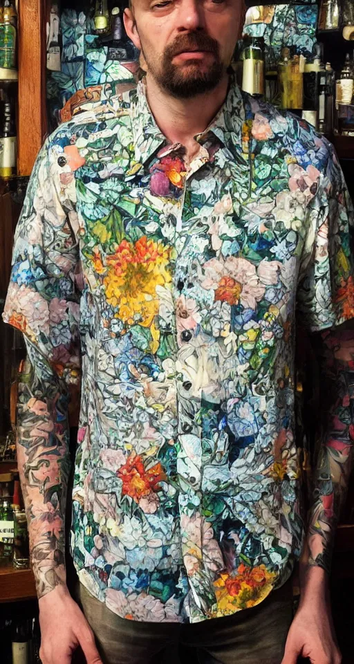 Image similar to close up of max payne floral shirt in a bar, sun shining, photo realistic illustration by greg rutkowski, thomas kindkade, alphonse mucha, loish, norman rockwell.