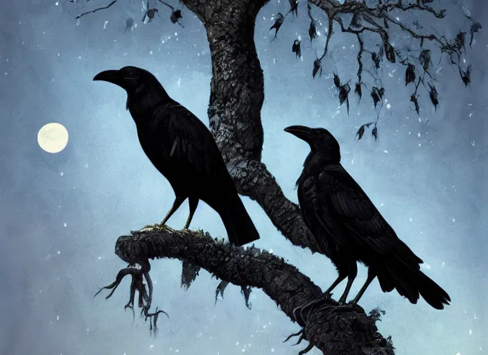 Image similar to a hyper-detailed fantasy wallpaper book cover, portrait of a crow on a tree in front of the full big moon; an extraordinary masterpiece!!!; flawless; proud posture; photorealistic eyes; trending on artstation; f/1.4; 90mm