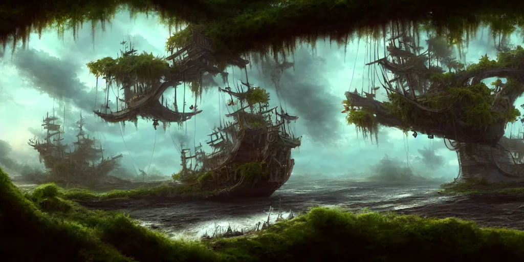 Image similar to A derelict pirate ship grounded in the treetops of giant oaks, game art matte painting hyperdetailed, artstation, cgsociety, 8k, surreal dream landscape