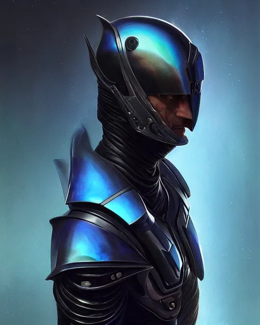 Image similar to character concept of iridescent sinewy smooth muscular male sleek glossy bluish black pearlescent scifi armor with smooth black featureless helmet, by greg rutkowski, mark brookes, jim burns, tom bagshaw, magali villeneuve, eve ventrue, trending on artstation