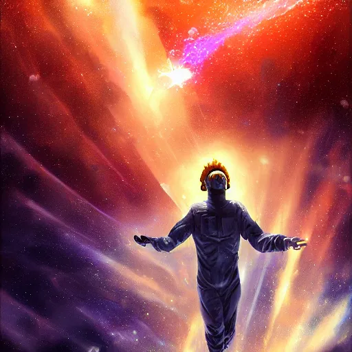 Prompt: digital painting of a man ascending to galactical bliss, dynamic lighting, cinematic shot, concept art, sci - fi, fantasy, artstation