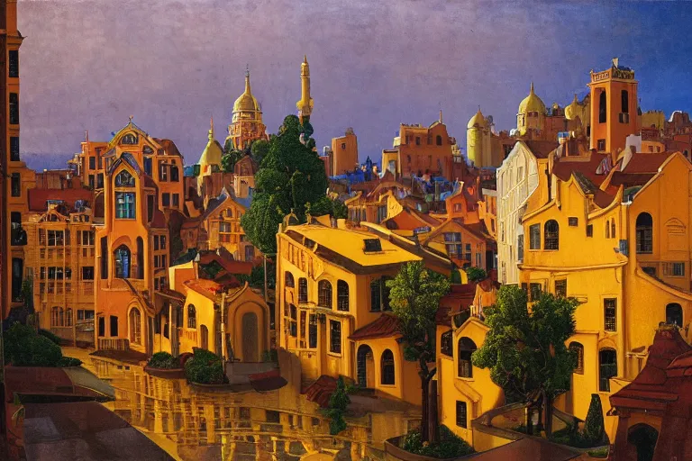 Image similar to view of the old city and its tree-lined winding streets still wet after a storm, tall windows lit up, beautiful ornamental architecture, dramatic cinematic lighting, rich colors, by Nicholas Roerich and and William Dyce and ford madox brown and April Gornik and Ludwig Deutsch and Sylvain Sarrailh , featured on artstation