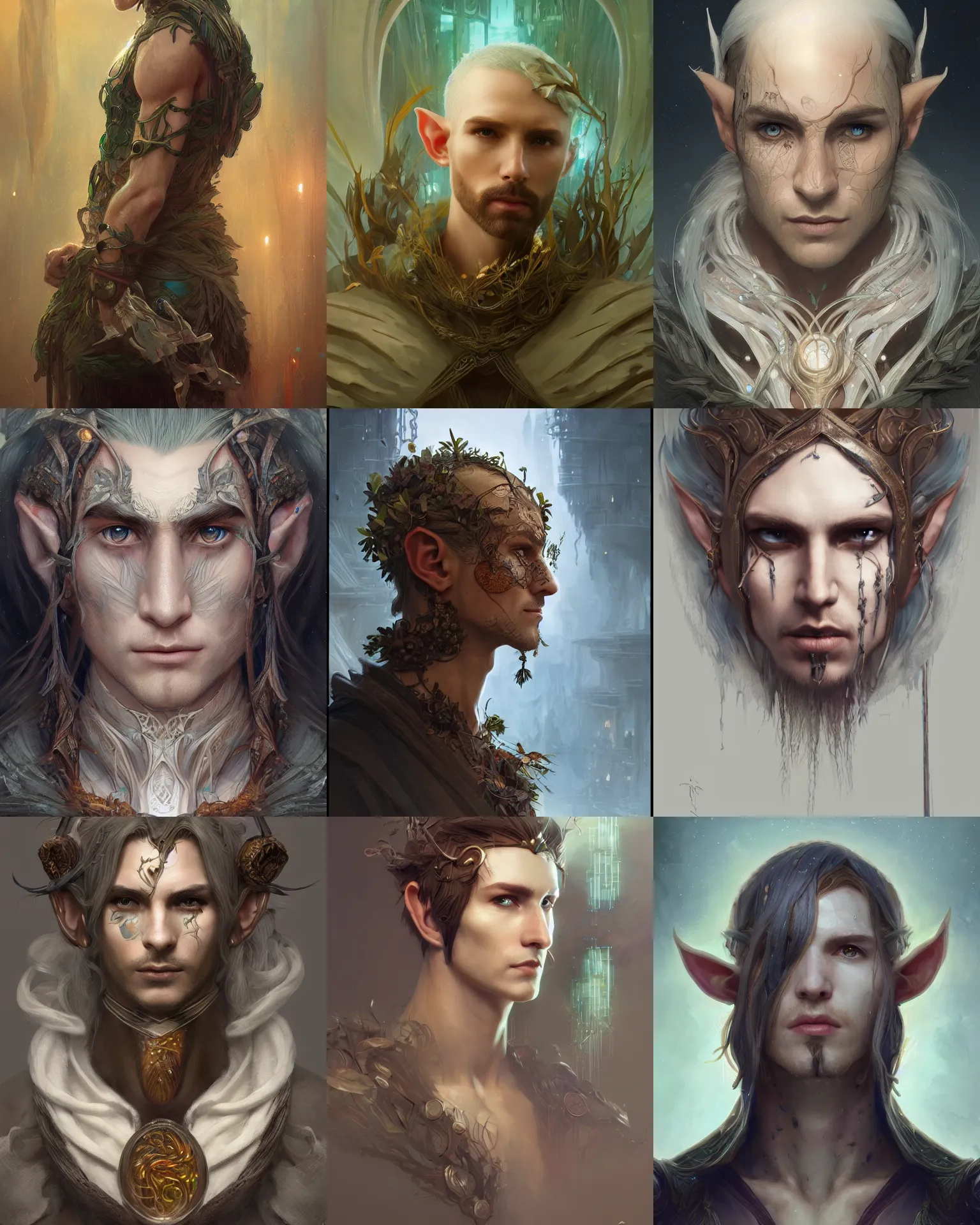 Prompt: male elf druid, roots parts embedded into face, intricate, elegant, highly detailed, digital painting, trending on artstation, concept art, smooth, sharp focus, cyberpunk, illustration, art by artgerm and greg rutkowski and alphonse mucha, 8 k