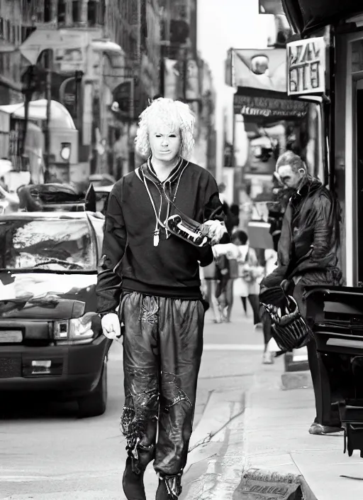 Prompt: tough looking person with piercings walking down the street in New York. younger man, sweat suit, punk rocker, award winning photography, high detail, photography by Annie Leibovitz, Ansel Adams, Mary Ellen Mark