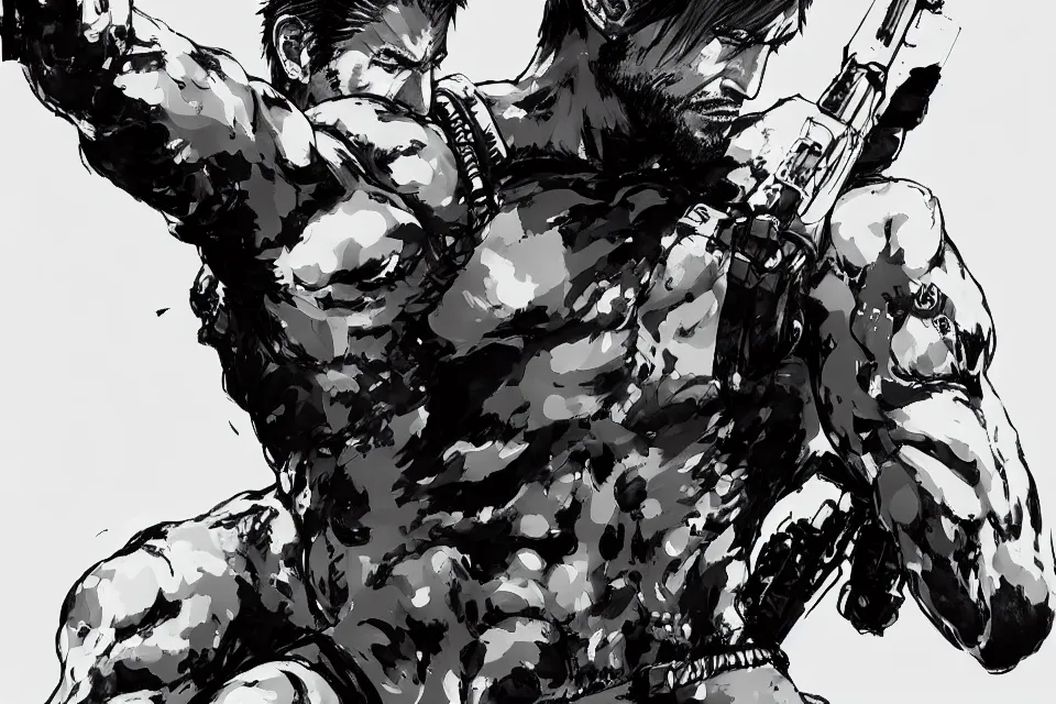 Image similar to a full - body portrait of shinzo abe, in yoji shinkawa's art style, metal gear solid art style highly detailed, 4 k, artistic, white background, b & w