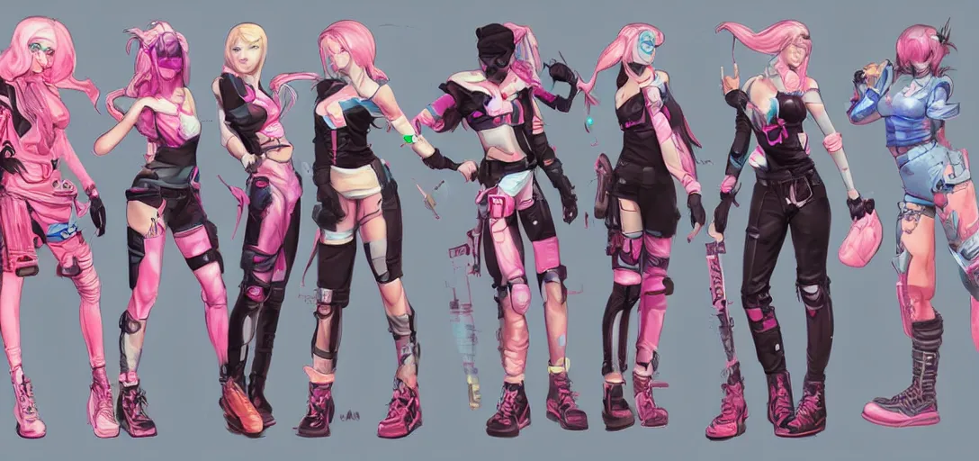 Image similar to character sheet concept art of female video game characters, streetwear, futurepunk, bright, fun, by marc brunet and artgerm
