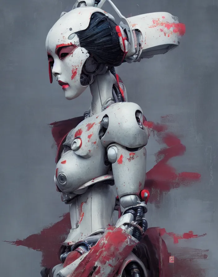 Image similar to portrait of a geisha robot by greg rutkowski and ruan jia, mecha, washed colors, dark, gloomy, matte painting, unreal engine 5