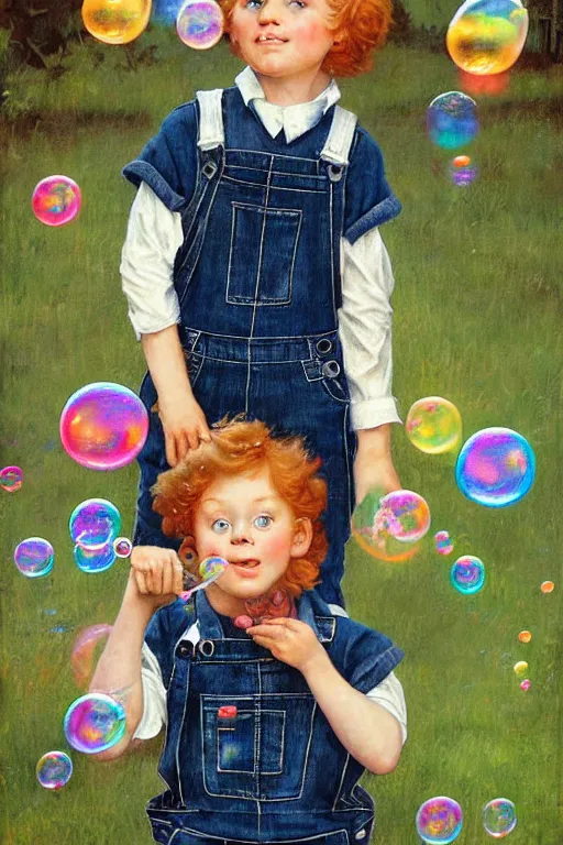 Image similar to a little boy with very short ginger hair wearing denim overalls chasing bubbles. clean elegant painting, beautiful detailed face, lots of bubbles. by norman rockwell and artgerm and greg rutkowski