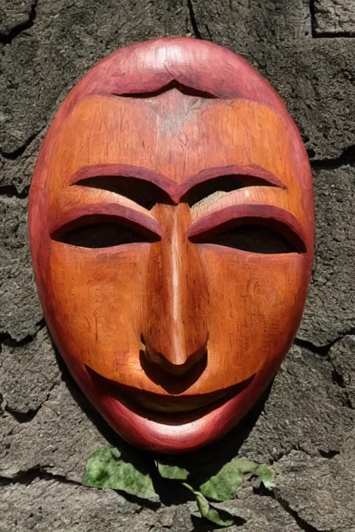 Prompt: a flat carved wooden elf mask face, brightly coloured, highly detailed, vintage folk art, colour photograph