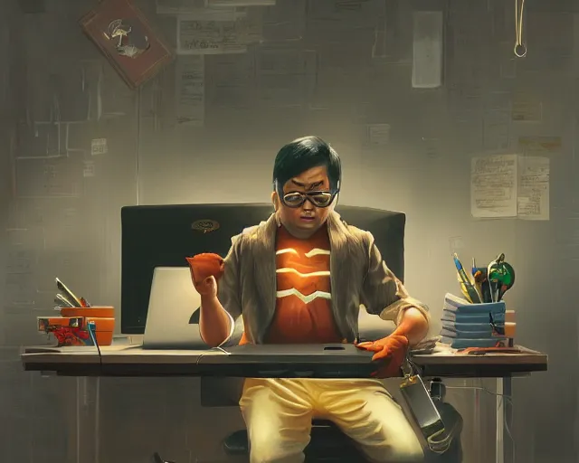 Image similar to an insanely detailed painting of a nerdy asian man wearing a superhero costume, sitting at a desk, staring at the nervously at the computer and typing, in the style of peter mohrbacher, dramatic lighting and composition, surreal background, octane render, pixar, trending on artstation, concept art, comic book, view from behind