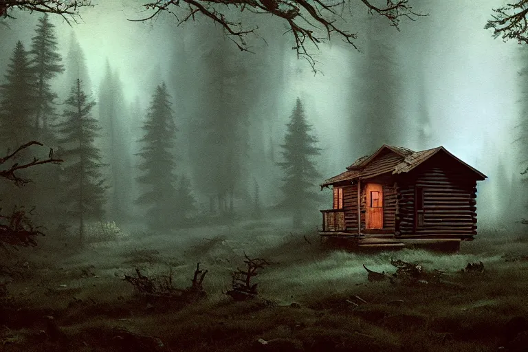 Image similar to a small cabin in the middle of the woods, a matte painting by john carpenter, reddit contest winner, american barbizon school, matte painting, horror film, movie still