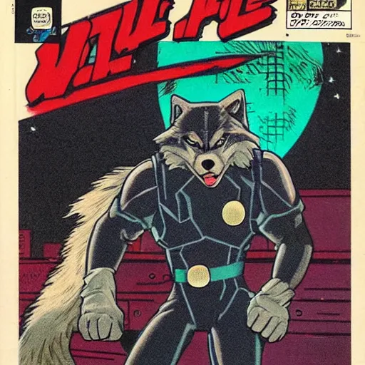 Image similar to 1 9 8 0 s comic book cover scan featuring a portrait of villain male wolf o'donnell anthropomorphic wolf furry fursona from starfox wearing a dark space mercenary uniform, dark grey wolf, handsome eyes, wolf o'donnell