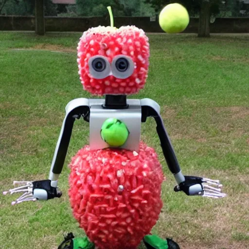 Image similar to scary robot made of apples and tennisballs