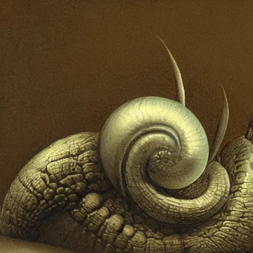 Prompt: a close-up an immortal snail crawling out of a broken open up tungsten ball, painted in the style of Gustave Doré