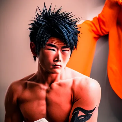 Image similar to photorealistic human goku, goku as an asian man, goku in real life, spiky hair, orange gi, asian human, realistic photography, human goku, photography, cinematic