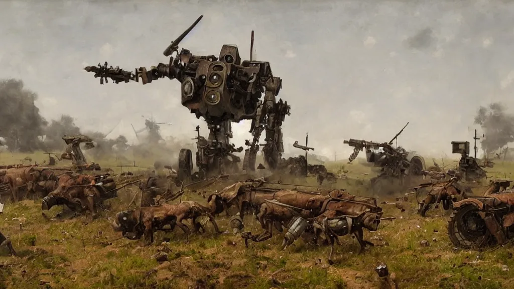 Prompt: 1920's battle in a farming village between bipedal mechs, painted by Jakub Rozalski