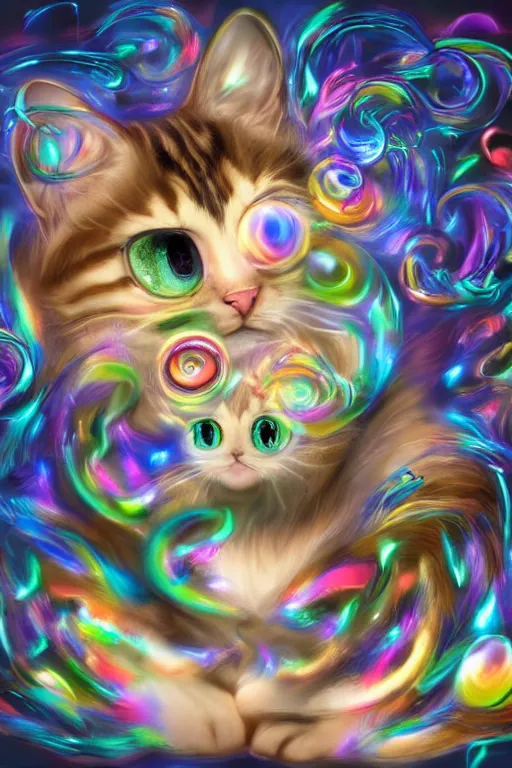 Image similar to Recursive image with a well rounded Calico feline, large eyes, shiny soft fur, anatomically correct, surrounded by swirling wisps of jelly, oil pastels and gold, anime, cartoon, modeled in Poser, Redshift render, UHD