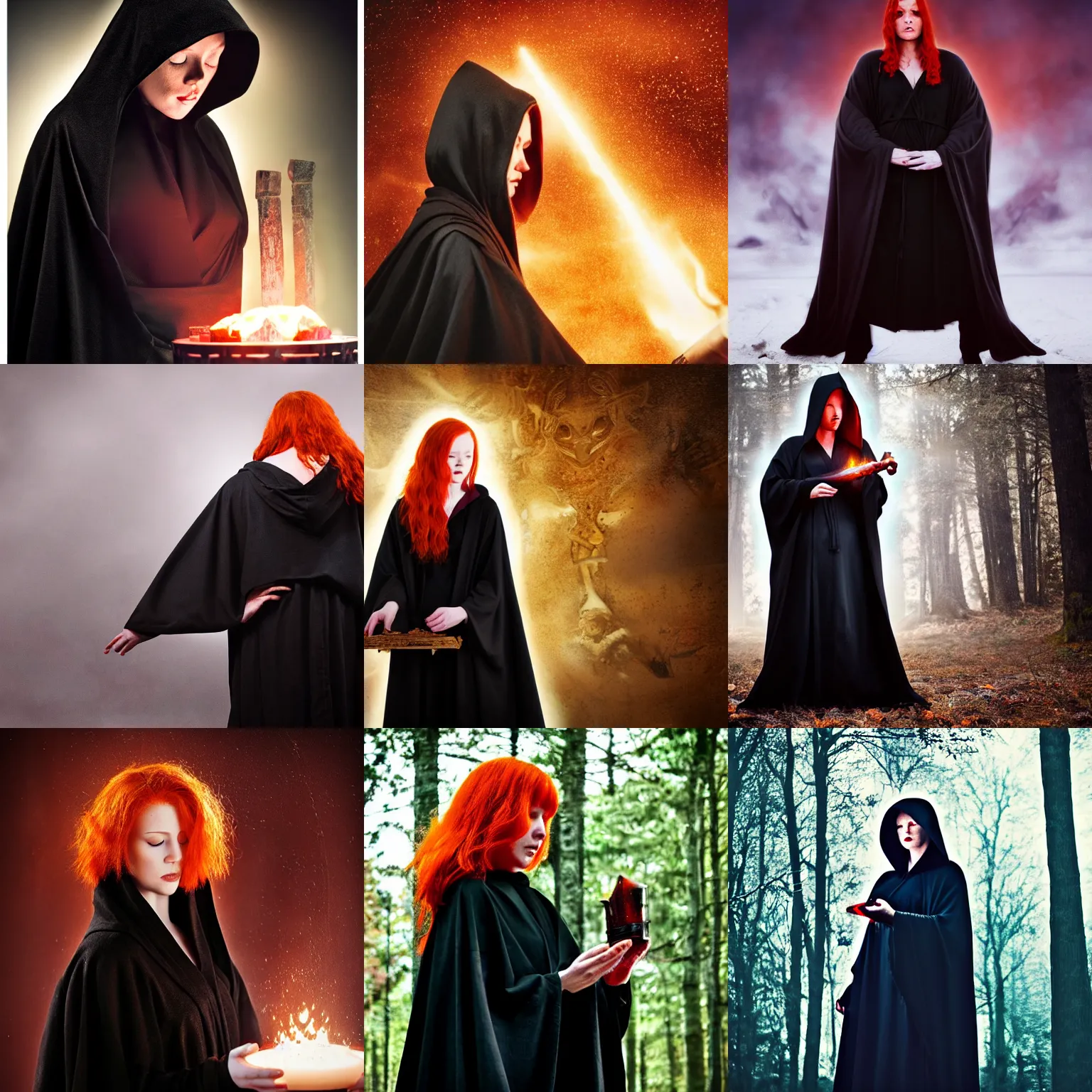 Prompt: a beautiful redheaded woman in a black jedi hooded robe performing the lbrp magick ritual, hyper realistic, epic, highly detailed, cinematic, sharp focus, depth of field