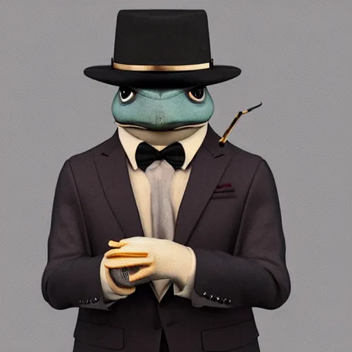 Image similar to a high quality photo of an antropomorphic mafia frog wearing a suit smoking a cigar, 3d scene, render, ultra realistic, artstation, cgsociety