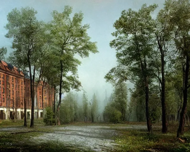 Image similar to beautiful matte painting of cute soviet block of flats hrushevka in end of forest by ivan shishkin