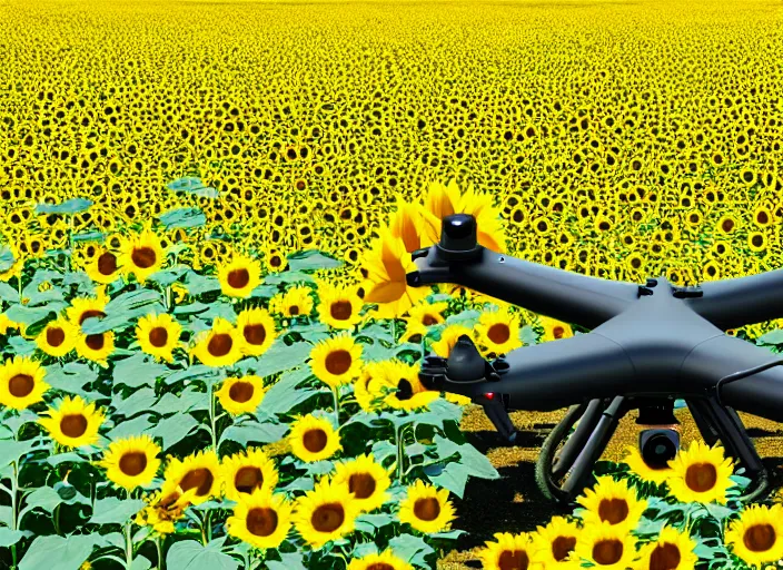 Image similar to Propaganda Poster of an American Military UAV in a sunflower field.